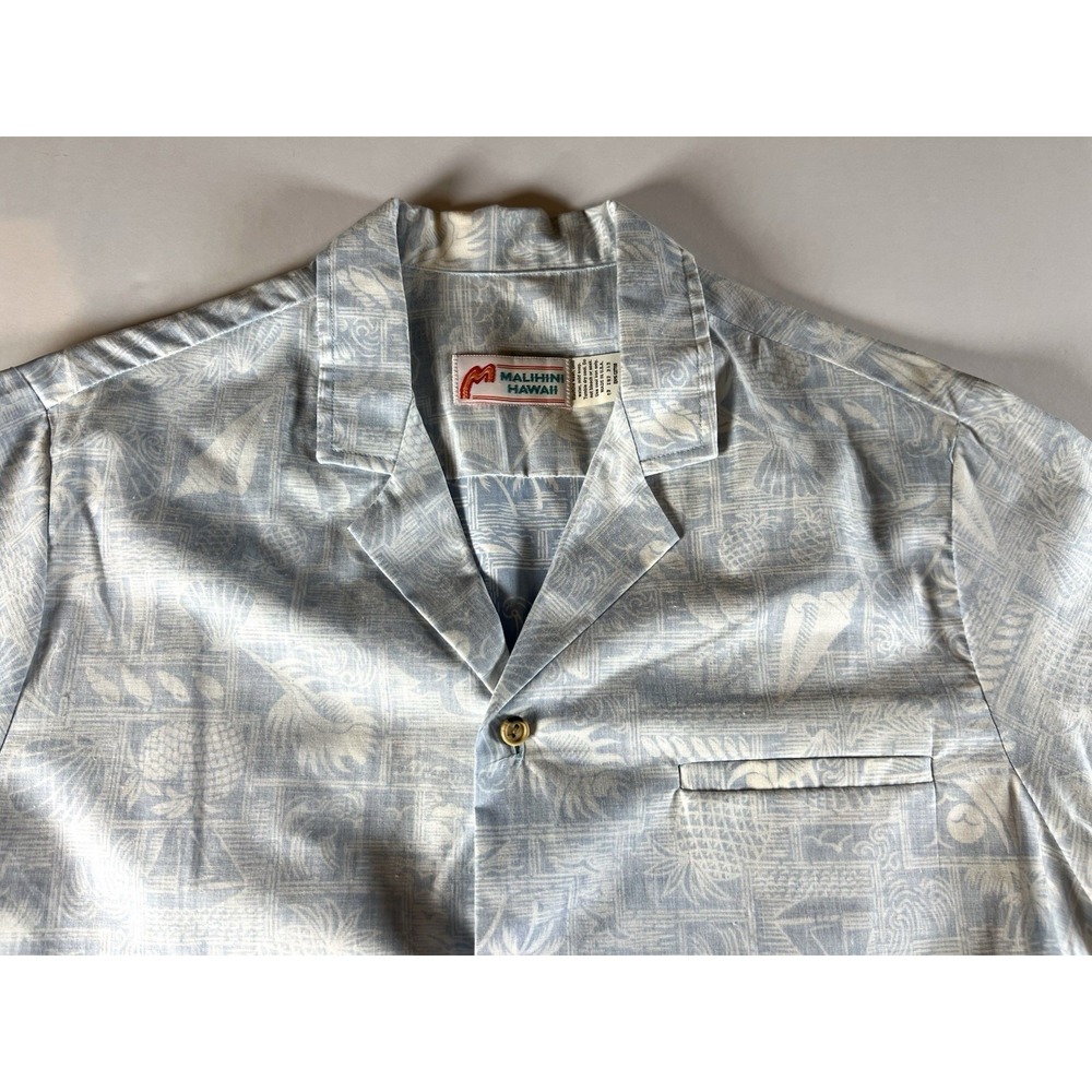 Vintage Malihini Shirt‎ Mens Large Blue Shells Hawaiian Button Down Short Sleeve